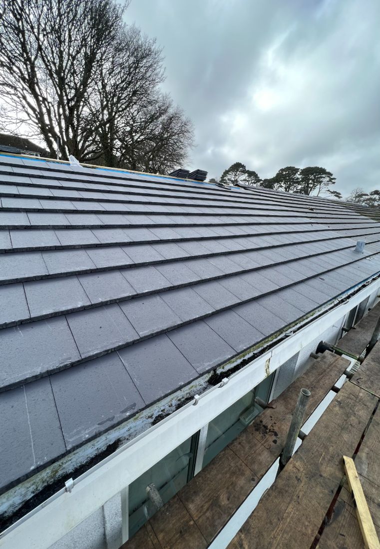 Close view along a freshly laid slate roof showing even courses and a straight eaves line
